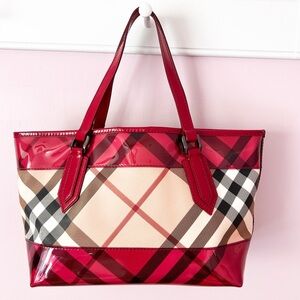 Burberry Authentic Supernova Check Berry Patent Trim Tote Bag ExcellentCondition
